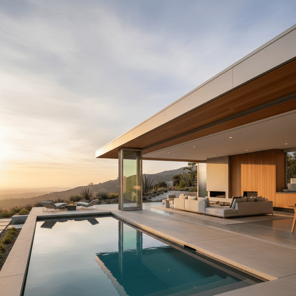 Modern home with folding glass doors open to a patio