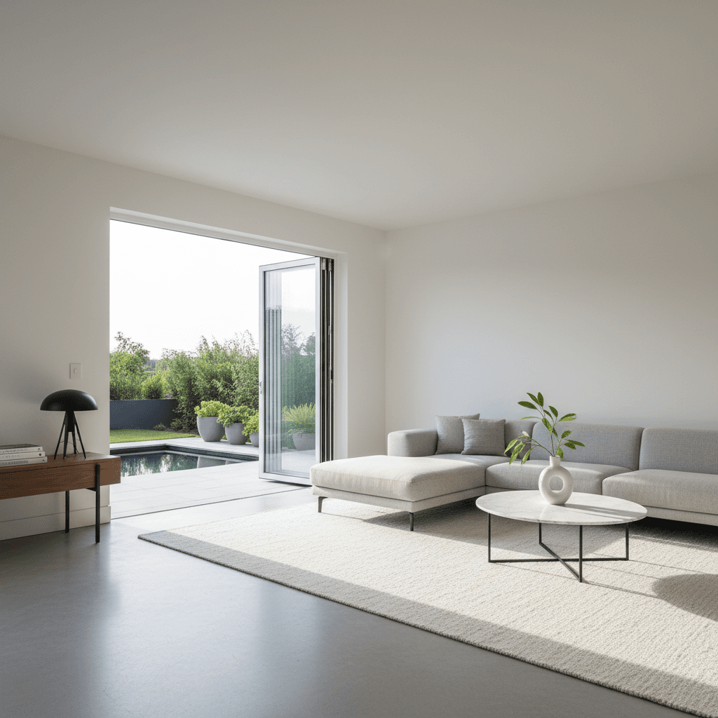 Modern interior with folding glass doors partially open and natural light
