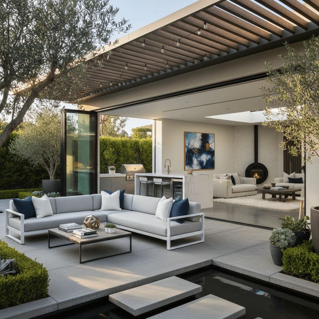 Luxury outdoor living space with folding glass doors fully open