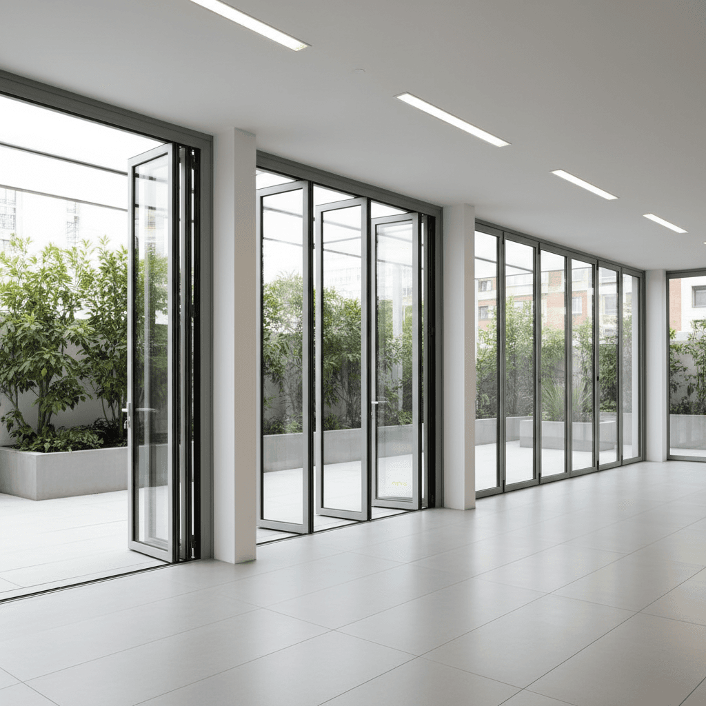 Various folding glass door configurations and panel systems
